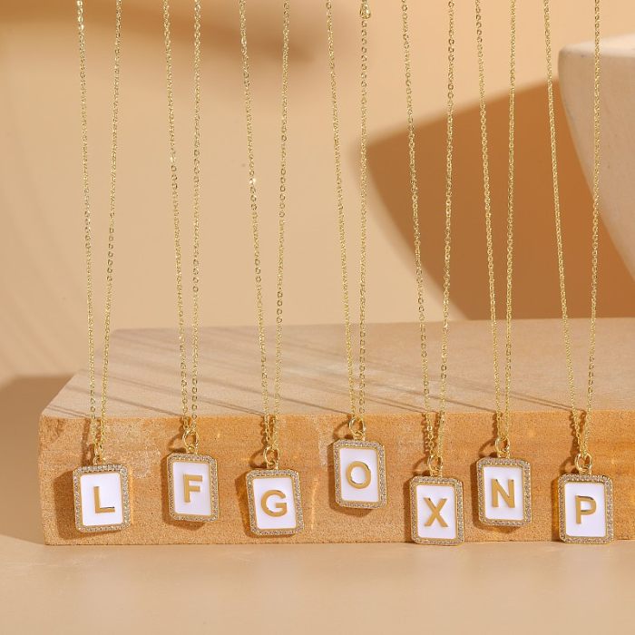 Simple Style Letter Rectangle Brass Plating Inlay Zircon 14K Gold Plated Pendant Necklace
