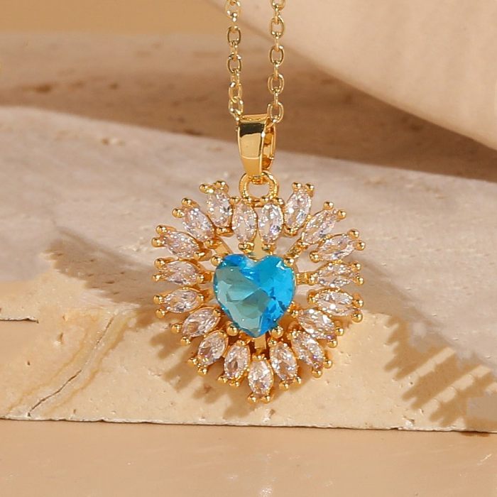 Collier pendentif élégant en forme de cœur Glam avec incrustation de cuivre et zircon plaqué or 14 carats