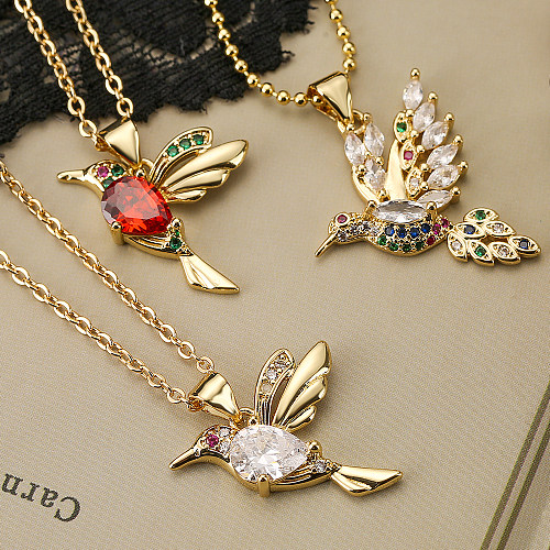 Modern Style Shiny Bird Copper 18K Gold Plated Zircon Pendant Necklace In Bulk