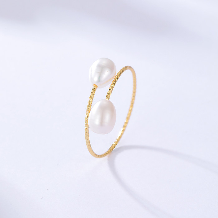 Simple Copper Natural Freshwater Pearl Open Adjustable Ring