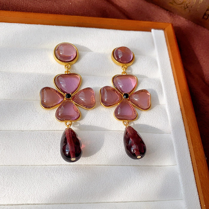 1 Pair Retro Square Heart Shape Flower Inlay Copper Artificial Pearls Resin Earrings