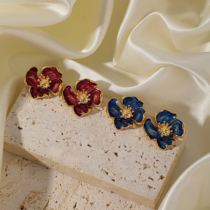 1 paire de clous d'oreilles en cuivre plaqué or 18 carats, Style Simple et doux, fleur émaillée