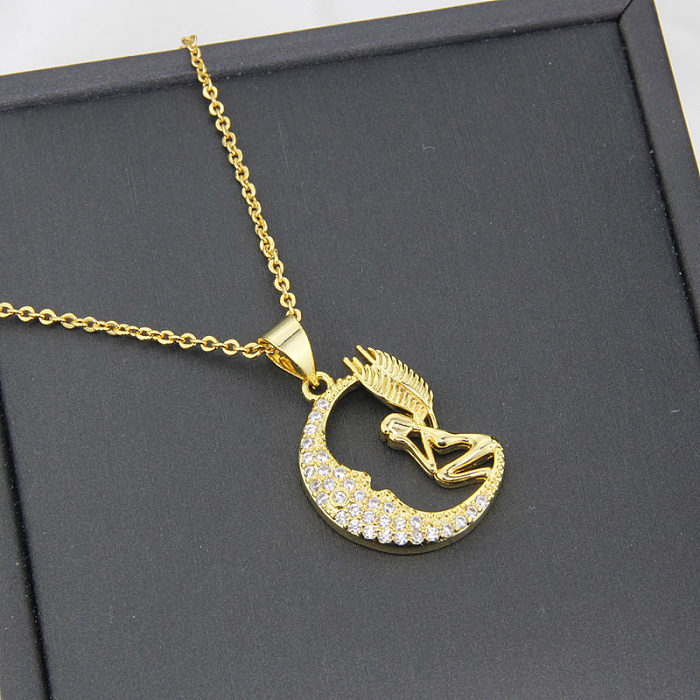 Elegant Angel Moon Copper Plating Zircon Pendant Necklace