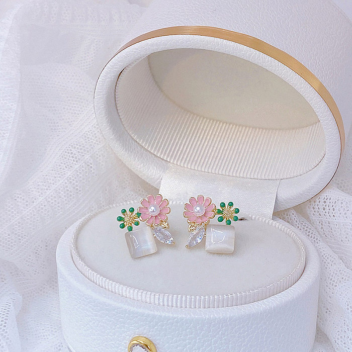 1 Pair Cute Sweet Flower Inlay Copper Artificial Pearls Zircon Gold Plated Earrings