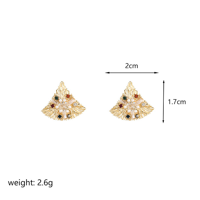 1 Pair Retro Ginkgo Leaf Plating Inlay Copper Artificial Pearls Zircon 14K Gold Plated Ear Studs