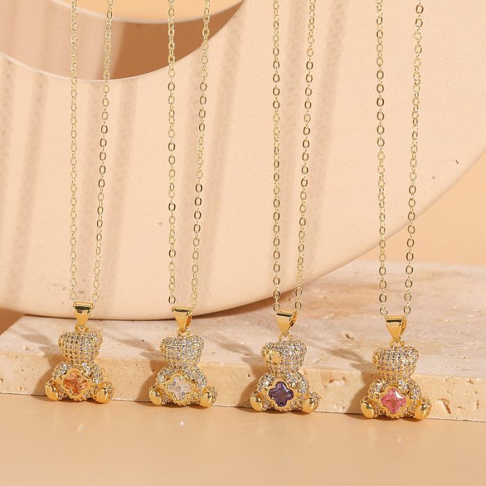 Elegant Cute Bear Copper 14K Gold Plated Zircon Pendant Necklace In Bulk