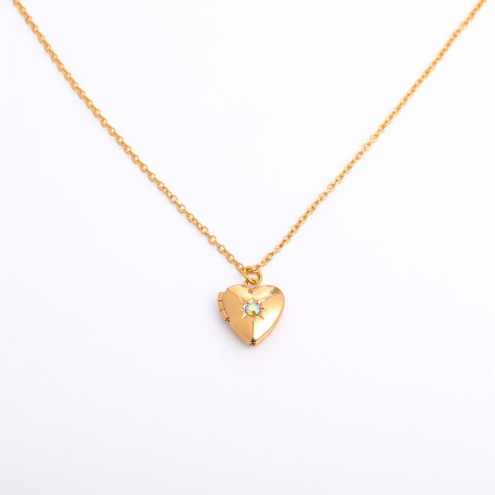 Retro Heart Shape Titanium Steel Copper Plating Inlay Birthstone 14K Gold Plated Pendant Necklace
