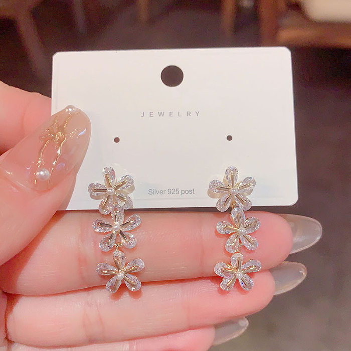 1 paire de boucles d'oreilles pendantes en cuivre et Zircon, Style Simple et doux, avec incrustation de fleurs