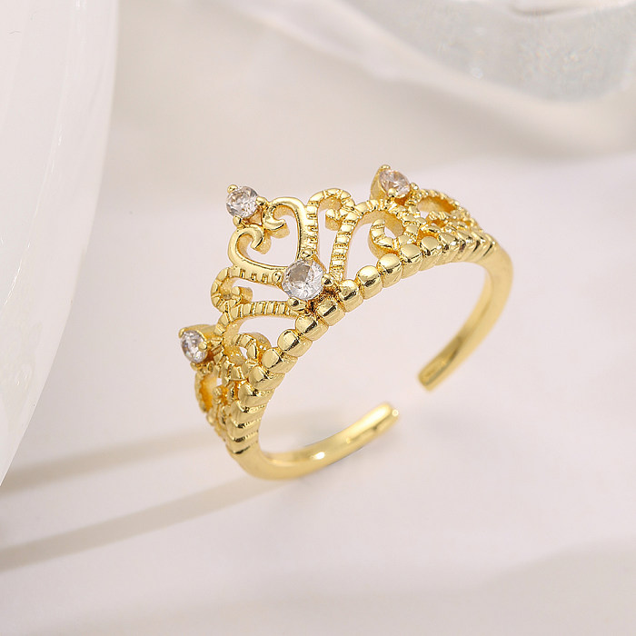 Classic Style Commute Crown Copper 18K Gold Plated Zircon Open Ring In Bulk