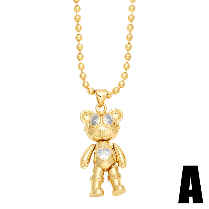 Cute Little Bear Copper Plating Inlay Zircon 18K Gold Plated Pendant Necklace