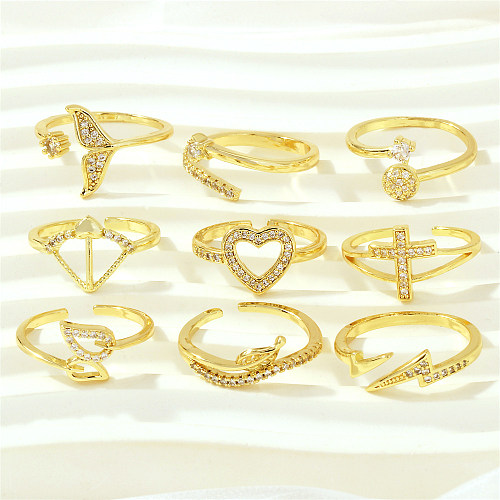 Simple Style Cross Heart Shape Fish Tail Copper Plating Inlay Zircon 18K Gold Plated Open Rings