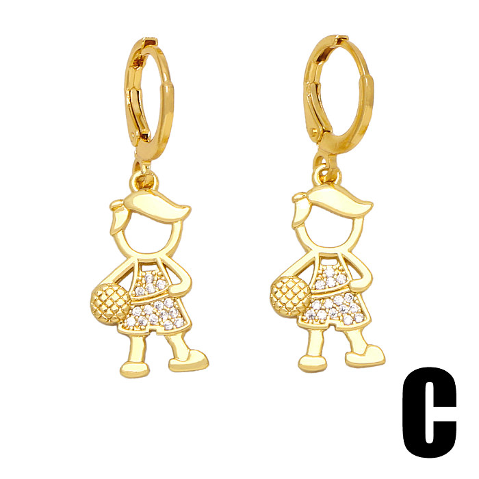 1 paire de boucles d'oreilles pendantes en cuivre et Zircon plaqué or 18 carats, Style Simple, personnage de dessin animé, incrustation de foudre