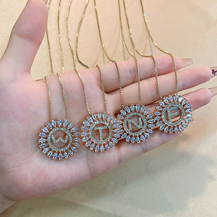 Casual Simple Style Round Letter Copper Plating Inlay Zircon Gold Plated Pendant Necklace