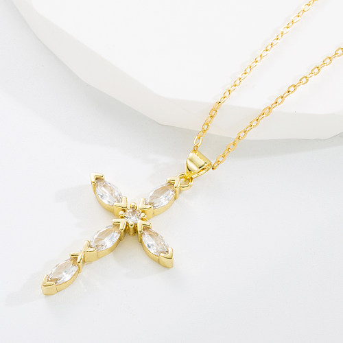 Classic Style Cross Copper Gold Plated Zircon Pendant Necklace 1 Piece