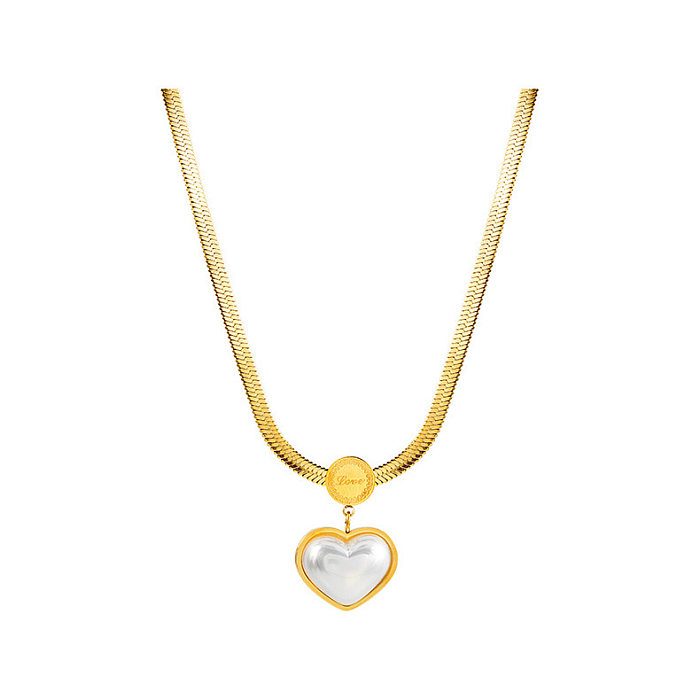Elegante estilo simples formato de coração titânio chapeamento de aço incrustação de pérolas artificiais colar de brincos banhados a ouro 18K