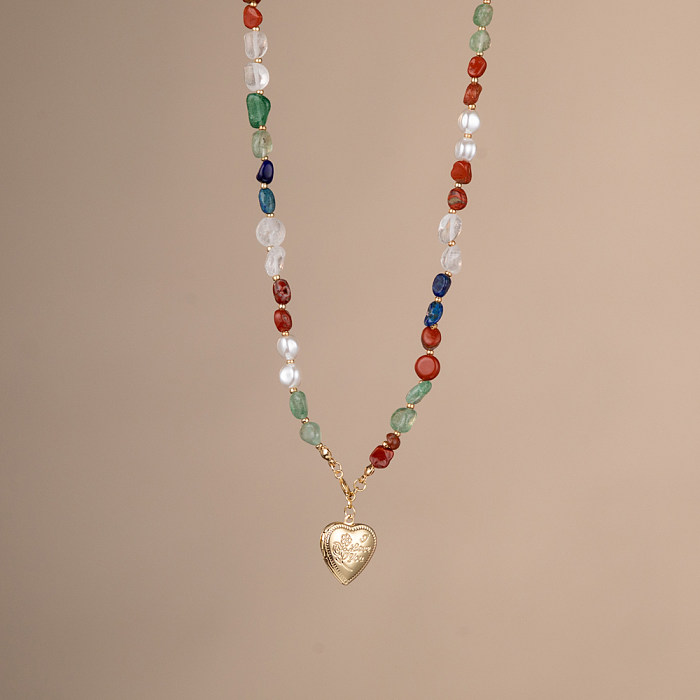 Casual Sweet Heart Shape Natural Stone Copper Beaded Pearl Plating Pendant Necklace