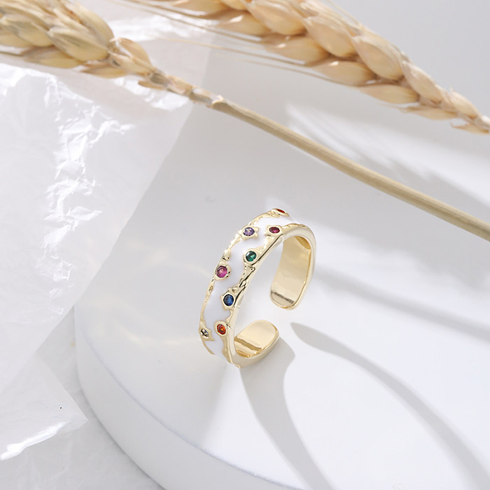 Elegante streetwear geométrico cobre esmalte incrustações anéis abertos