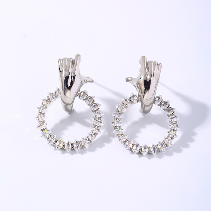 1 Pair Casual Simple Style Gesture Plating Inlay Copper Zircon White Gold Plated Ear Studs