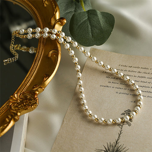 Baroque Style Round Copper Beaded Pearl Plating Gold Plated Necklace