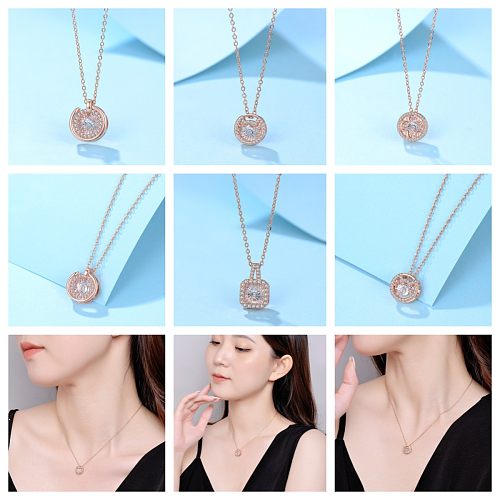 Elegant Simple Style Shiny Round Square Copper Plating Inlay Zircon Rose Gold Plated Pendant Necklace