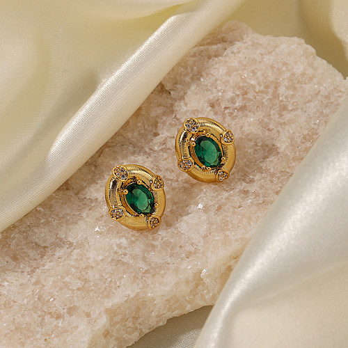 1 Pair Vintage Style Geometric Oval Plating Frill Inlay Copper Glass Zircon 18K Gold Plated Ear Studs