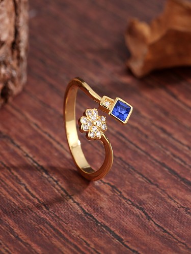 Sweet Commute Square Flower Copper Plating Inlay Zircon 18K Gold Plated Open Rings