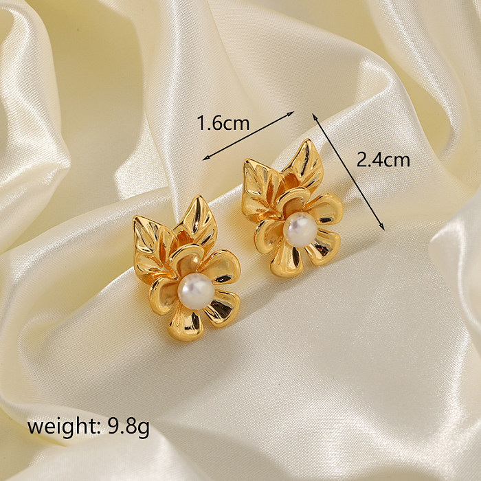 1 paire de clous d'oreilles plaqués or 18 carats, Style Simple, feuille de trajet, incrustation de fleurs, perles artificielles en cuivre