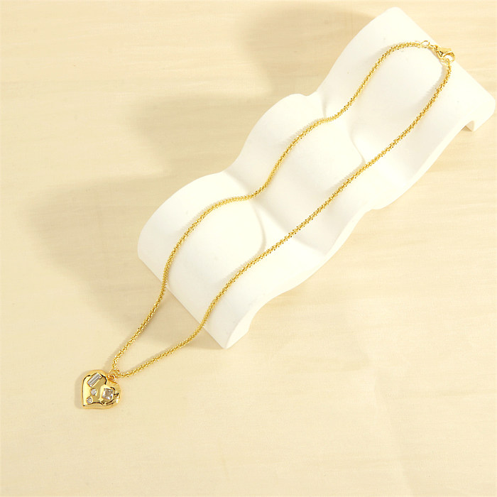 Simple Style Shiny Heart Shape Copper 18K Gold Plated Zircon Pendant Necklace In Bulk