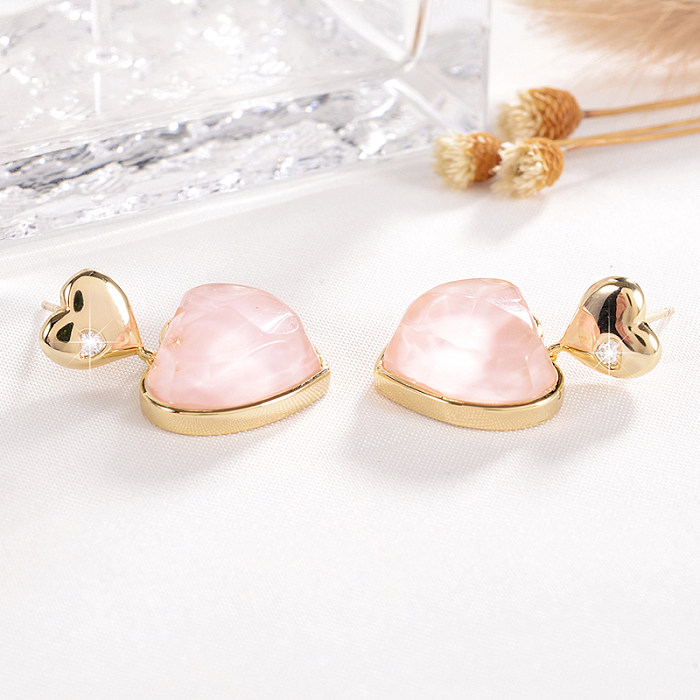 1 Pair Sweet Heart Shape Plating Inlay Copper Resin Zircon 14K Gold Plated Drop Earrings