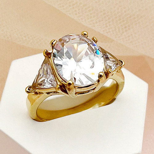 Anéis banhados a ouro de zircônia com revestimento geométrico luxuoso estilo vintage em aço inoxidável