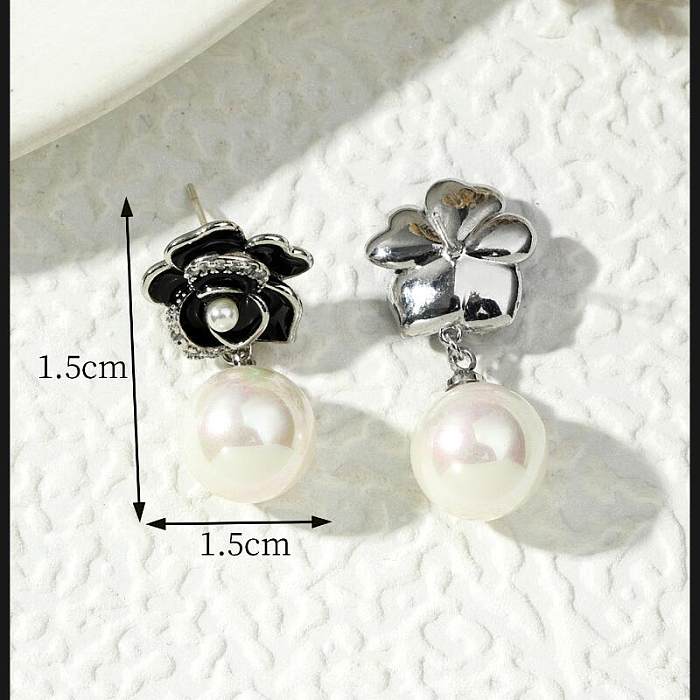1 Pair Glam Lady Flower Enamel Plating Inlay Copper Artificial Pearls Zircon Drop Earrings