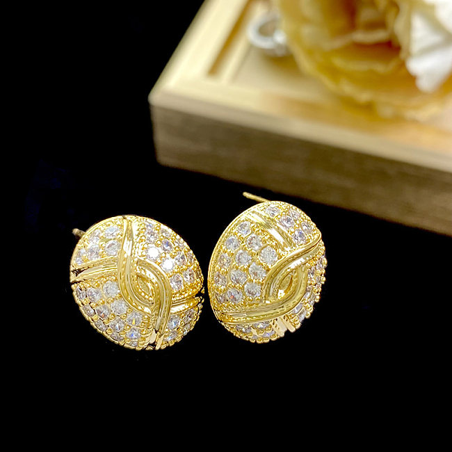 1 Pair Lady Oval Inlay Copper Zircon Ear Studs
