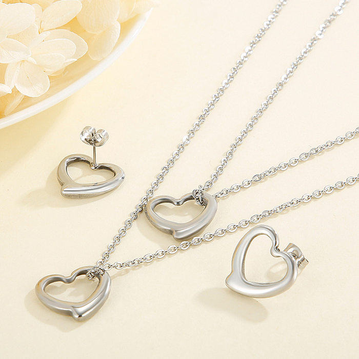 Pendientes de collar de doble capa en forma de corazón huecos simples, conjunto de acero inoxidable, joyería al por mayor