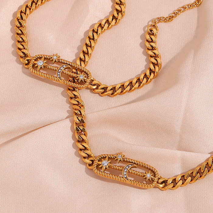 Einfacher, schlichter Stil, klassischer Stil, Stern- und Mond-Armband, Halskette aus Edelstahl mit Intarsien und Strasssteinen, 18 Karat vergoldet