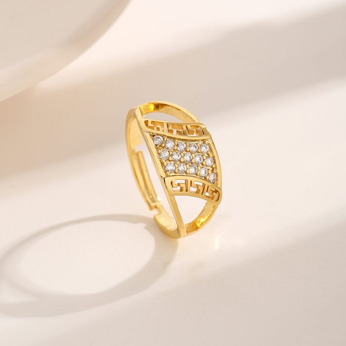 Estilo simples comutar chapeamento de cobre quadrilátero oco para fora anéis banhados a ouro de zircão 18K