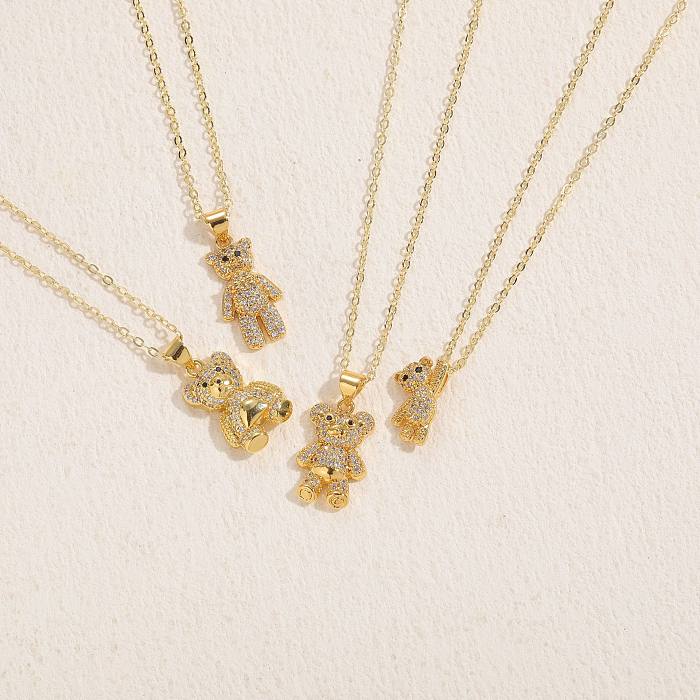 Cute Luxurious Streetwear Little Bear Brass 14K Gold Plated Zircon Pendant Necklace In Bulk