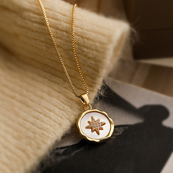 Simple Style Commute Star Bee Copper Plating Inlay Shell Zircon 18K Gold Plated Pendant Necklace