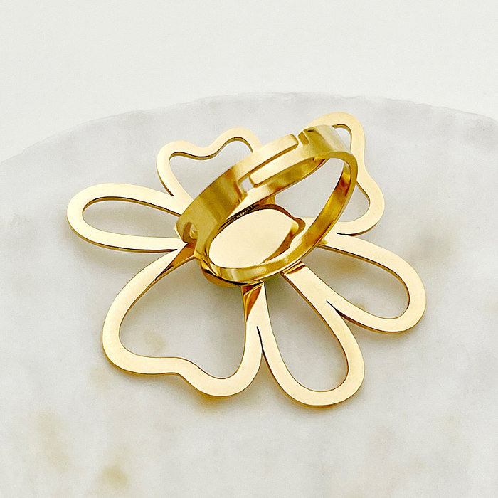حلقات مفتوحة مطلية بالفولاذ المقاوم للصدأ على شكل زهرة حلوة رومانسية مثيرة ومرصعة بالحجر الطبيعي ومطلية بالذهب