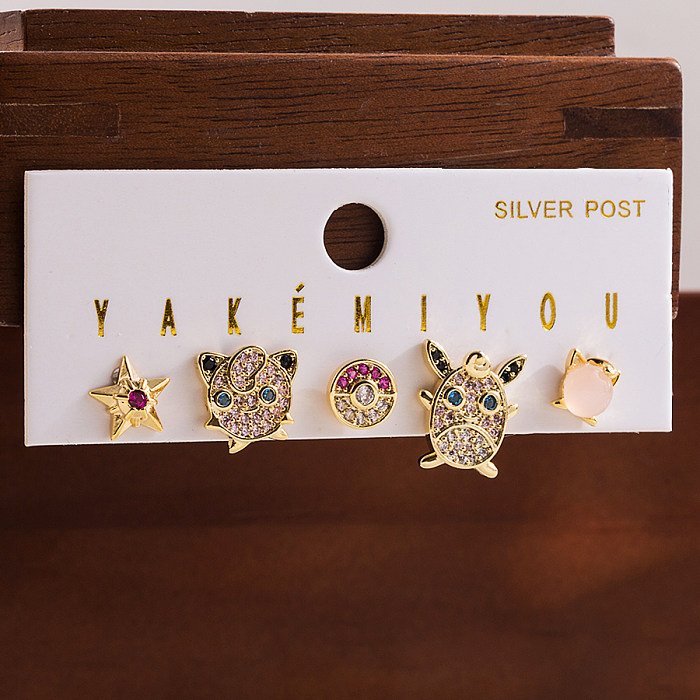 Lindo personaje de dibujos animados estrella luna cobre circonita asimétrica pendientes colgantes chapados en oro de 14 quilates