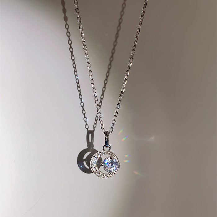 Elegant Korean Style Moon Copper Plating Inlay Zircon Pendant Necklace