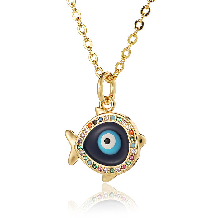 Ethnic Style Devil'S Eye Hand Of Fatima Heart Shape Copper Enamel Plating Inlay Zircon Pendant Necklace