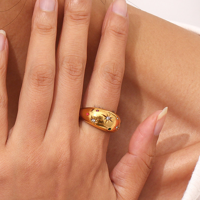 Europeu e americano ins moda personalizado pulseira ornamento aço inoxidável banhado a ouro 18k cúpula incrustada pedra cristais coloridos estrela anel