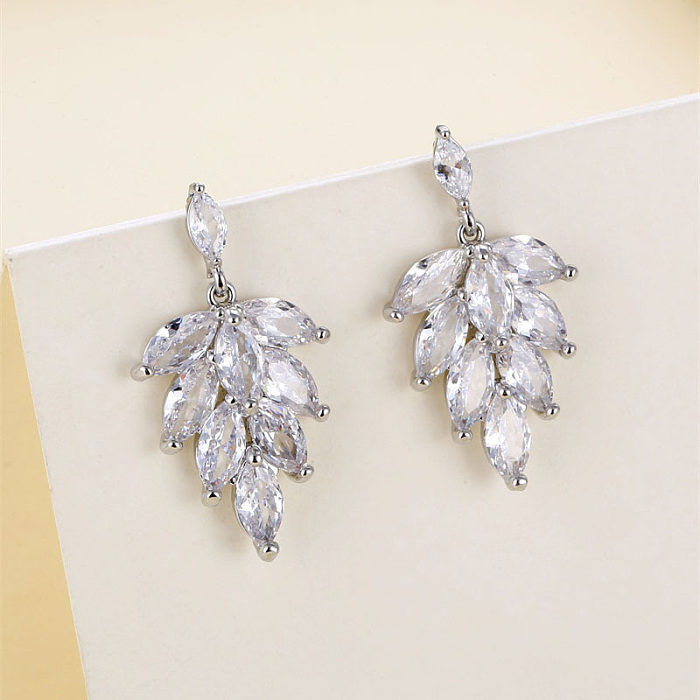 1 Pair Simple Style Leaf Plating Inlay Copper Zircon White Gold Plated Drop Earrings