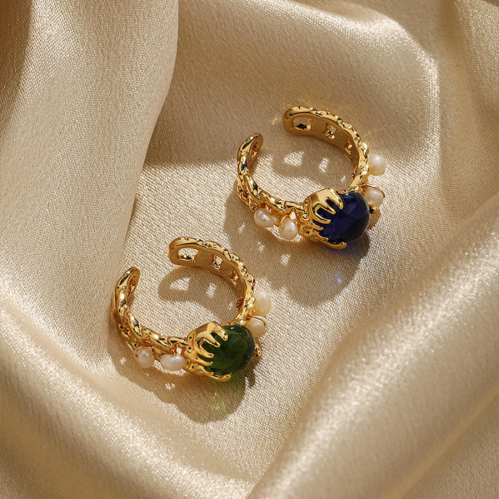 Anillos abiertos chapados en oro de 18 quilates con incrustaciones de perlas de cobre redondas estilo IG