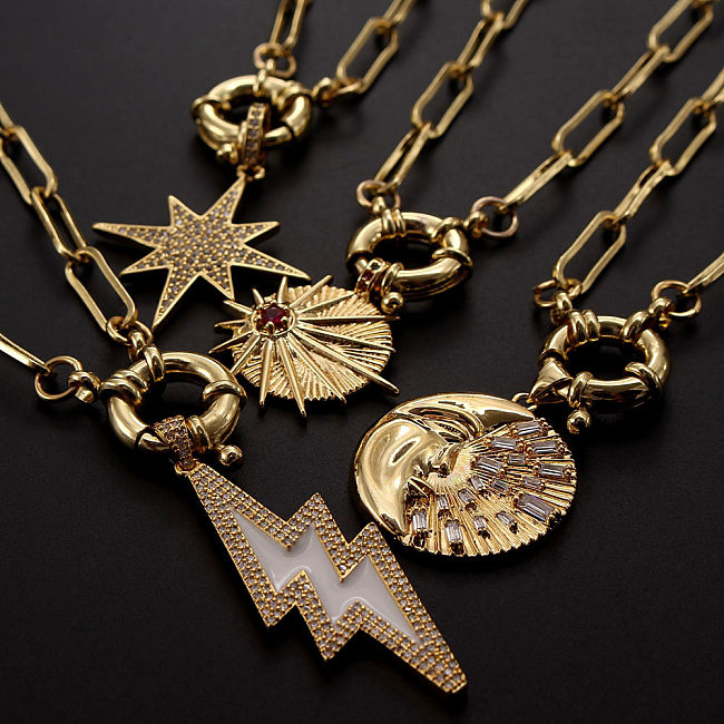 Hip-hop estilo vintage estrela lua relâmpago revestimento de cobre incrustação zircão colar pingente banhado a ouro