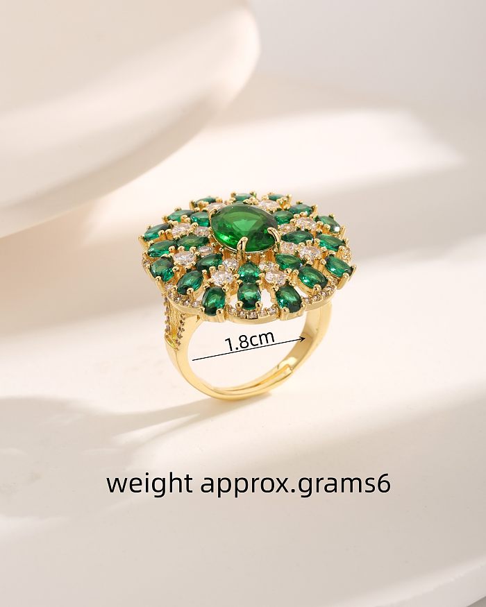 Vintage Style Luxurious Oversized Flower Copper Plating Inlay Zircon 18K Gold Plated Open Rings