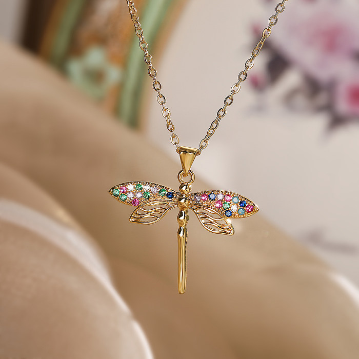 Schlichter Stil Pendel-Halskette mit Libellen-Kupferbeschichtung, Inlay aus Zirkon, 18 Karat vergoldet