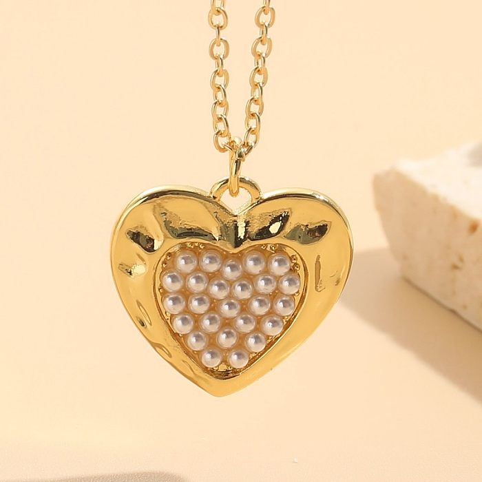 Elegant Luxurious Classic Style Heart Shape Copper 14K Gold Plated Pearl Zircon Pendant Necklace In Bulk