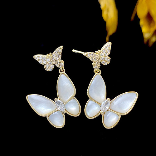 1 Pair Elegant Butterfly Inlay Copper Shell Zircon Drop Earrings