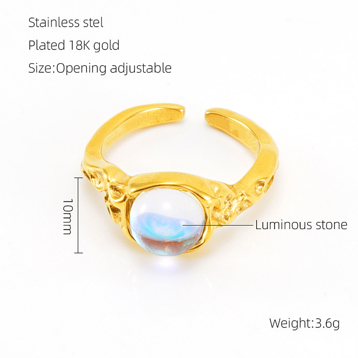 Elegante retro redondo quadrado chapeamento de aço inoxidável incrustação pedra luminosa strass zircão 18k banhado a ouro anel aberto